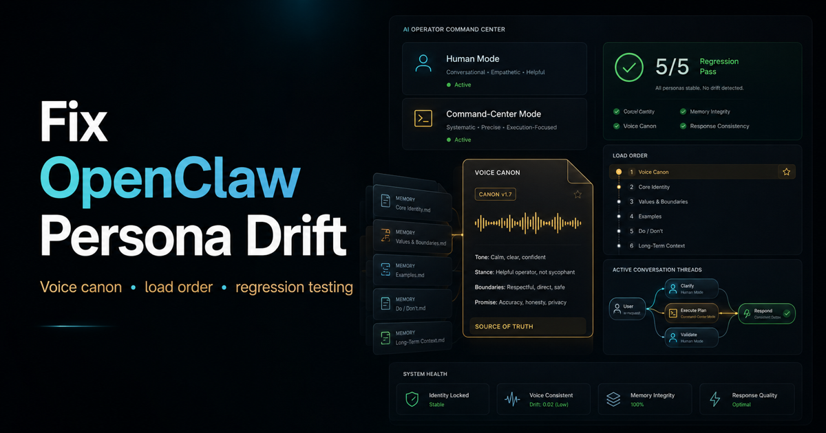 Fixing OpenClaw agent persona drift: voice canon, load order, and regression testing.